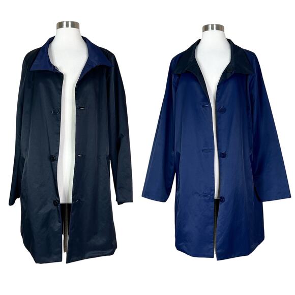 NEW Eileen Fisher | Reversible Organic Stand Collar Blue Black Button Coat NWT M - Picture 1 of 16